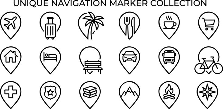 Minimalist line art map pin and navigation marker icon set, hollow vector