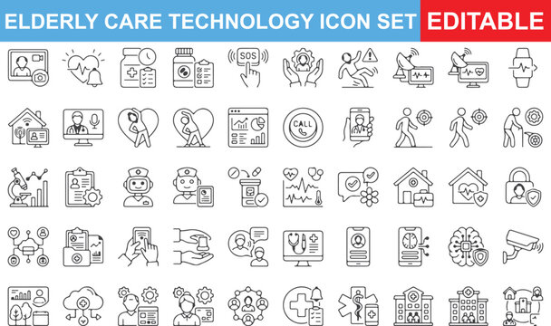 Elderly care technology icon set, editable line icons