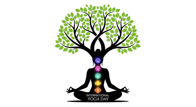 Meditating silhouette person under large tree with colorful chakra points