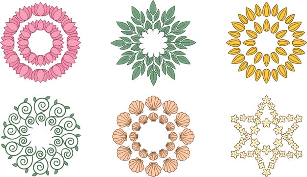 Circular Decorative Mandala Wreath Frame Set Featuring Pink Lotus Green Leaves Yellow Petals Swirl Vines Sea Shells and Six Pointed Star Elements