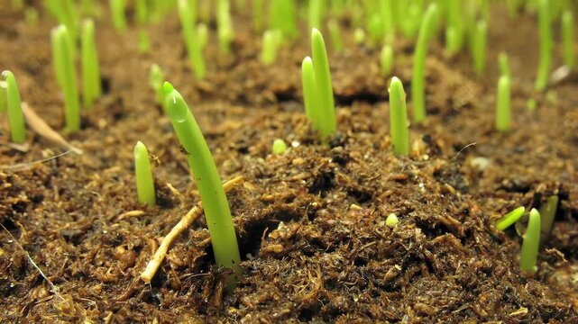 Close-up view of tiny green grass sprouts emerging from rich brown soil