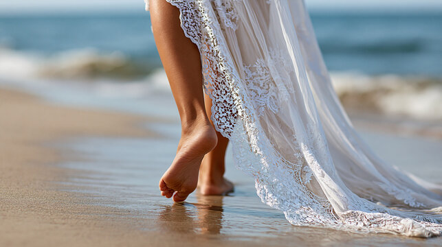 Close-up of a bride's bare feet and the hem of a white lace wedding dress trailing lightly across wet sand at a beach ceremony location, bridal beach detail concept, wedding