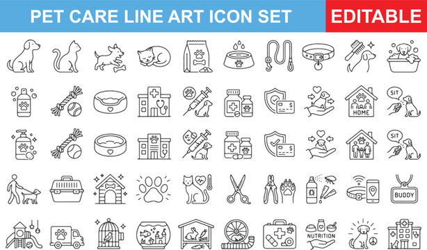 Pet care line art icon set with editable vector graphics
