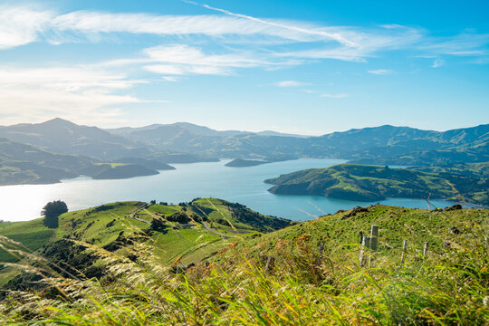 Volcanic crater ring submerged by seawater, Akaroa, New Zealand