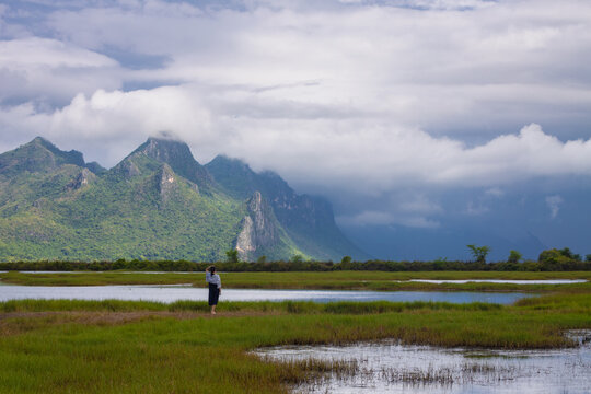 The northern viewpoint of Khao Sam Roi Yot is part of Khao Sam Roi Yot National Park and comprises mountain ranges and wetlands, home to a variety of waterfowl, Pranburi District, Prachuap Khiri Khan