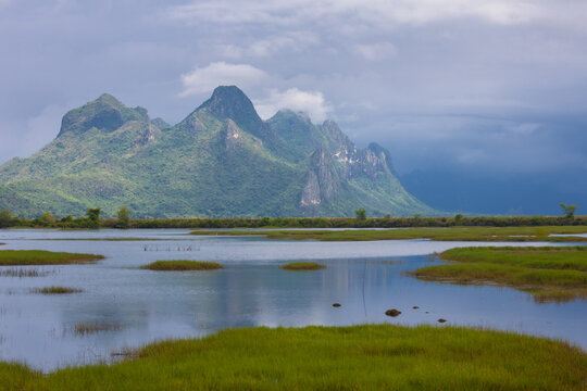 The northern viewpoint of Khao Sam Roi Yot is part of Khao Sam Roi Yot National Park and comprises mountain ranges and wetlands, home to a variety of waterfowl, Pranburi District, Prachuap Khiri Khan