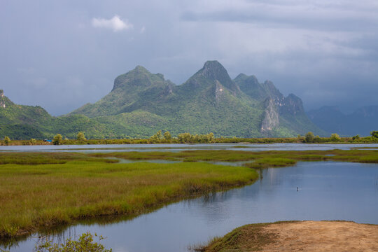 The northern viewpoint of Khao Sam Roi Yot is part of Khao Sam Roi Yot National Park and comprises mountain ranges and wetlands, home to a variety of waterfowl, Pranburi District, Prachuap Khiri Khan