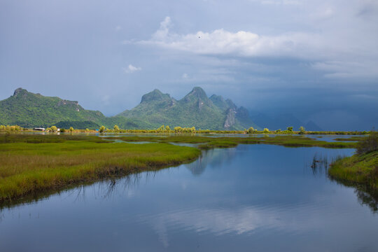 The northern viewpoint of Khao Sam Roi Yot is part of Khao Sam Roi Yot National Park and comprises mountain ranges and wetlands, home to a variety of waterfowl, Pranburi District, Prachuap Khiri Khan