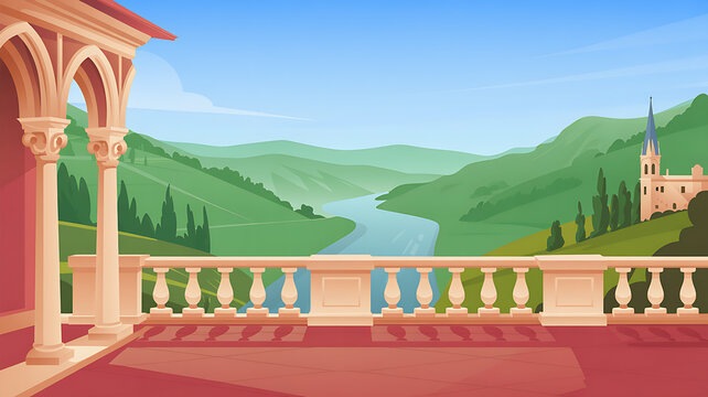 Terrace view overlooking a lush green river valley with landscape balustrade panorama countryside