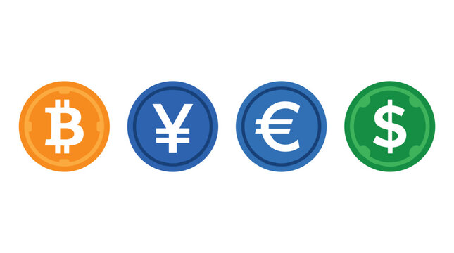 Cryptocurrency and fiat currency symbols.