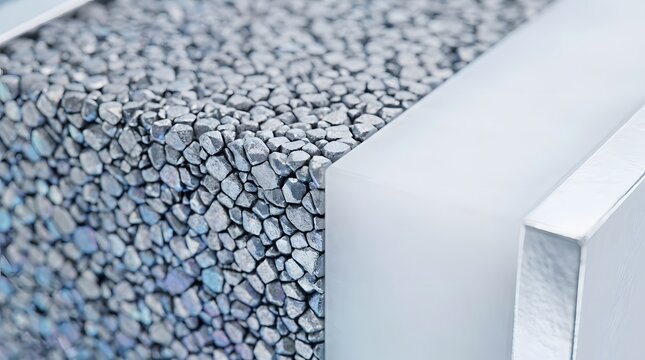Close-up microscopic view of solid-state battery cathode layer structure in laboratory setting