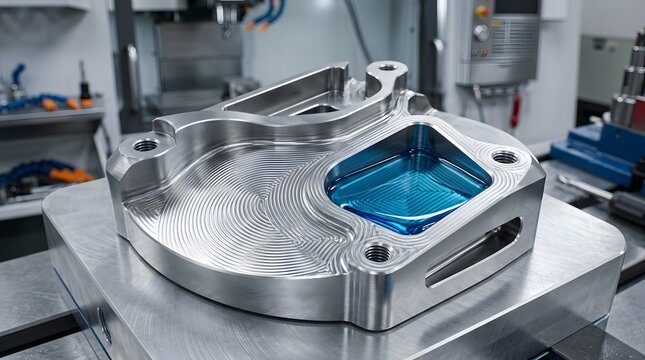 Close-up of a shiny CNC machined titanium aerospace part with blue protective coating on a metal workbench in an industrial setting