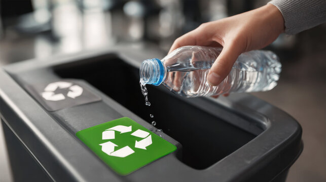 Person pouring water from a plastic bottle into a recycling bin in an office setting
