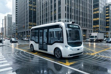Obraz premium Self-driving shuttle bus on city street in an urban environment
