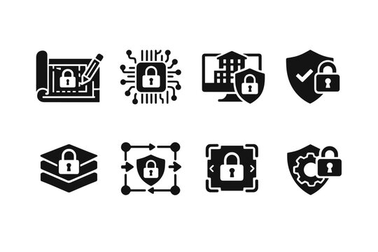 Privacy Icon Set. Privacy by Design. Filled icon set of Privacy by Design: design blueprint, embedded lock,