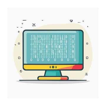 Flat design computer monitor displaying binary code and barcode