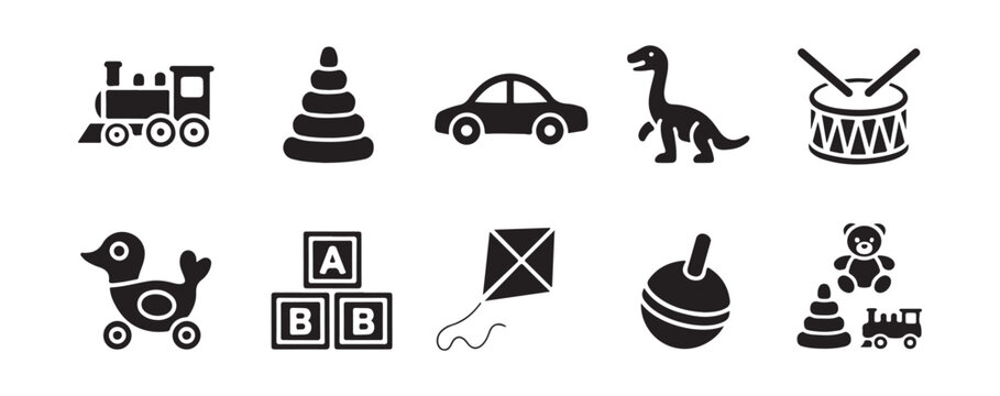 Vector Silhouette Icons of Various Kids Toys and Games