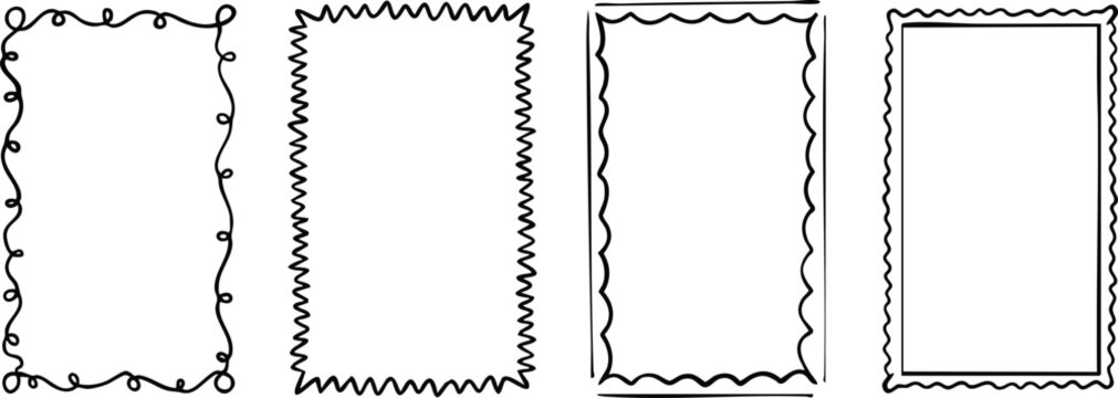 Retro wavy picture border set with hand drawn crayon frames, funky scallop edge rectangles and oval shapes, playful groovy photo frame collection, abstract doodle vector illustration