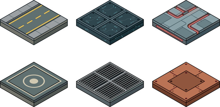 Isometric Sci Fi Cyberpunk Game Tile Set Featuring Futuristic Asphalt Road Circuit Board Panel Glowing Pipe Duct Vent Grate and Rusty Metal Platform Floor