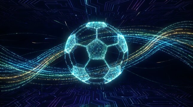Digital glowing soccer ball composed of binary code with flowing data streams on circuit board background.