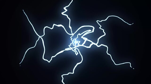 Realistic lightning strike animation featuring powerful blue electrical storm effects, Lightning bolt animation, glowing thunder bolts and seamless loop overlays on black background in ultra HD 4K