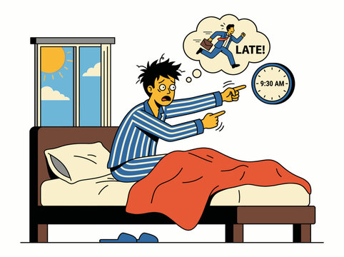 Being late to wake up at 930 am cartoon about morning time and frustration