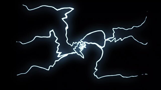 Blue electrical storm animation with realistic lightning strikes, Lightning bolt animation, glowing energy flashes and seamless loop cinematic overlay on black background in ultra HD 4K