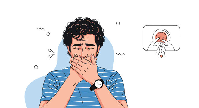 Young man with curly hair covers his mouth with his hands looking nauseous and ill as he deals with stomach pain or nausea.