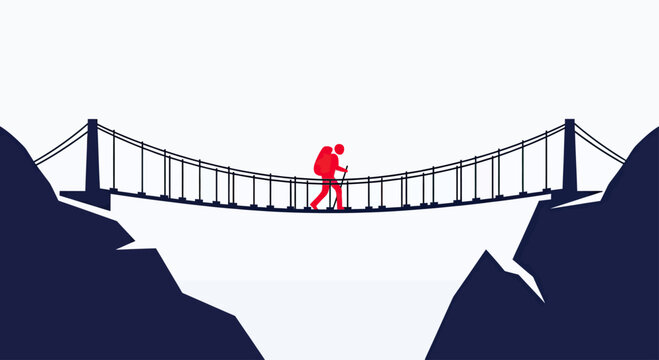 Red hiker with backpack crosses a suspension bridge between dark blue cliffs