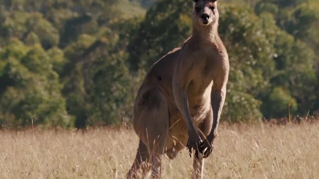 Majestic kangaroo standing alert in a sunlit grassy field with trees in background