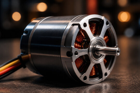 A brushless DC motor rests on a dark surface with blurred background lights.