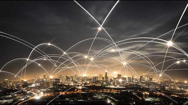 Smart Innovation city with connection cyber security network reciprocity over the cityscape . future wireless digital city and social media networking systems that connects people with in the city