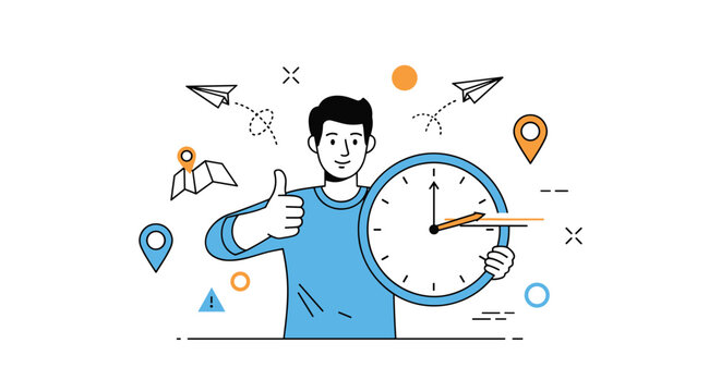 Enthusiastic man in a blue shirt holds a large wall clock and gives a thumbs up while standing amidst travel and time icons.