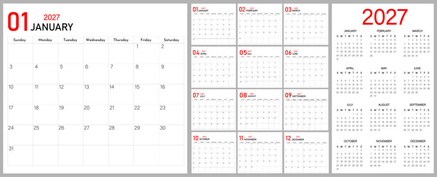Planner calendar for 2027 year | 12 month calendar layout 2027 | Red minimal style annual planner for wall, desk and web | Abstract composition with notes area
