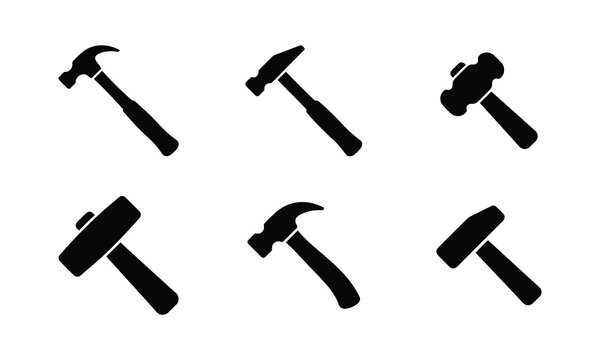 Hammer icon set. collection of various hammer tools in black silhouette design.