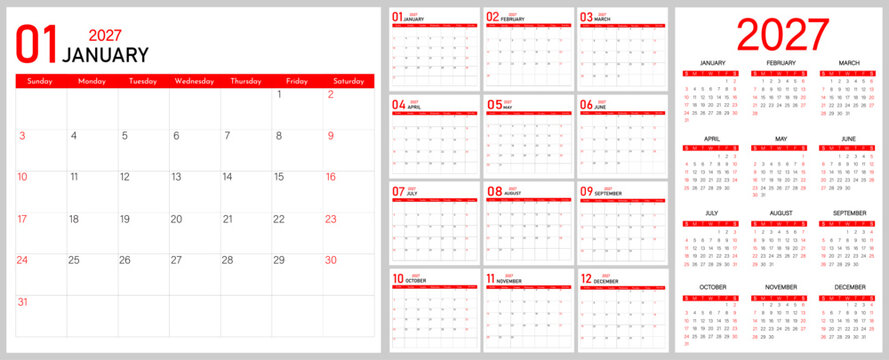 Monthly event calendar template for 2026 year for workspace, wall, web use | Journal schedule planner for 2026 year | Week Starts on Sunday | 12-month calendar template 2027 with annotation space