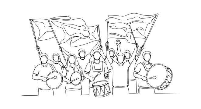 Crowd of people with flags and drums, celebrating, protesting, marching, illustration
