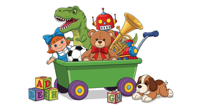 Colorful toys and stuffed animals in green wagon, children's playtime concept, kids background