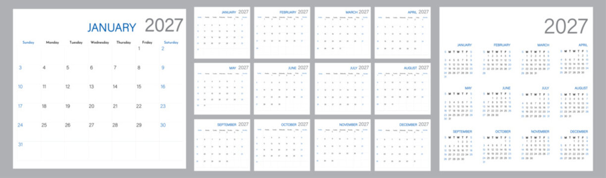 Monthly agenda calendar format for 2026 year for desk, wall, website use | Daily planner for 2026 year | Week Starts on Sunday | 12-month calendar template 2027 with remarks space