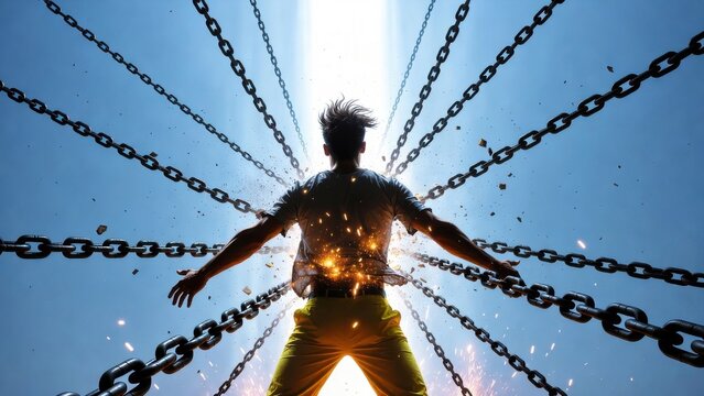 Man breaking free from chains, freedom and empowerment concept, dramatic silhouette against bright light