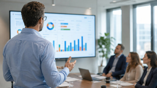 Professional businessman presenting data analytics on a digital screen in a modern office conference room meeting