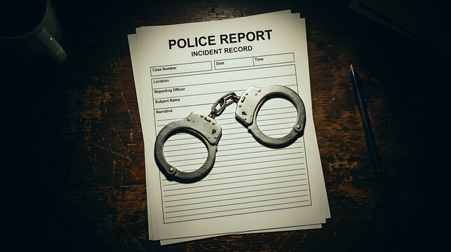 Handcuffs on police report document with incident record header Detective Mystery Document, Dark Cinematic