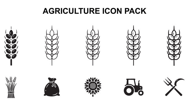 Agriculture icon pack with wheat stalks tractor sunflower and tools