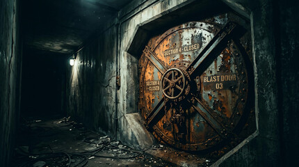 Fototapeta premium Dark abandoned underground room with rusty closed door and graffiti Detective Mystery Document, Dark Cinematic