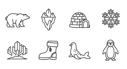 Set of arctic animals, objects, and winter symbols in line art © matahari