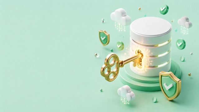 Golden Key Unlocking Glowing White Database with Security Shields and Check Marks