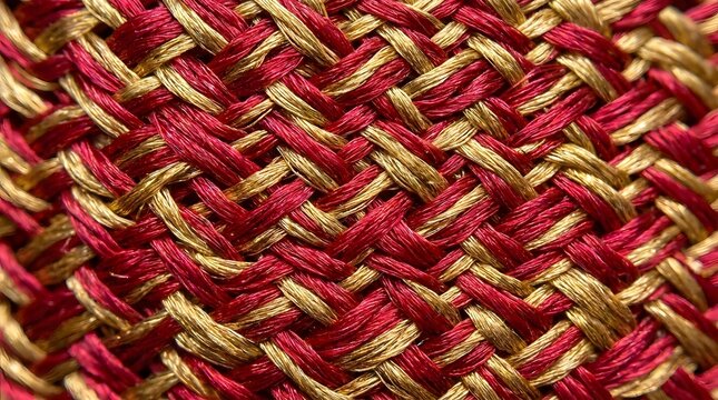 Close-up textured weave of red and gold threads in intricate basketry pattern.