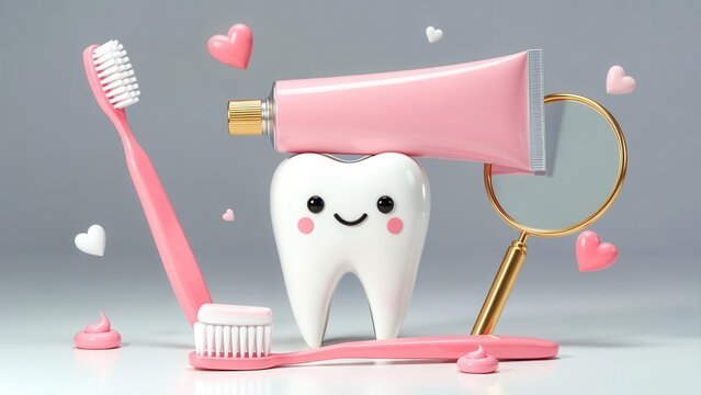 Tooth with smiling face, toothbrush, toothpaste and mirror on gray background with hearts, cute dental care concept