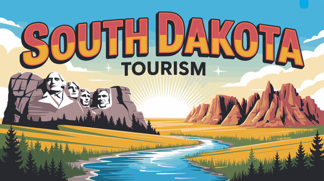 South Dakota Tourism illustration featuring Mount Rushmore and a scenic river landscape under a bright sun.