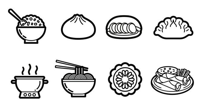 Chinese food icons rice, noodles, dumplings, hot pot, and spring rolls